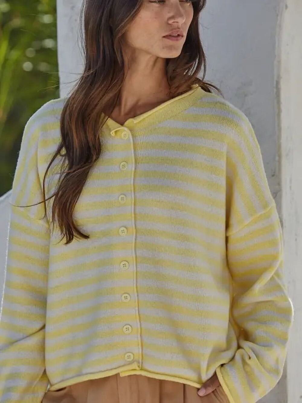 Boutique Butter Yellow Striped Button Front Crewneck Cardigan Sweater Size L